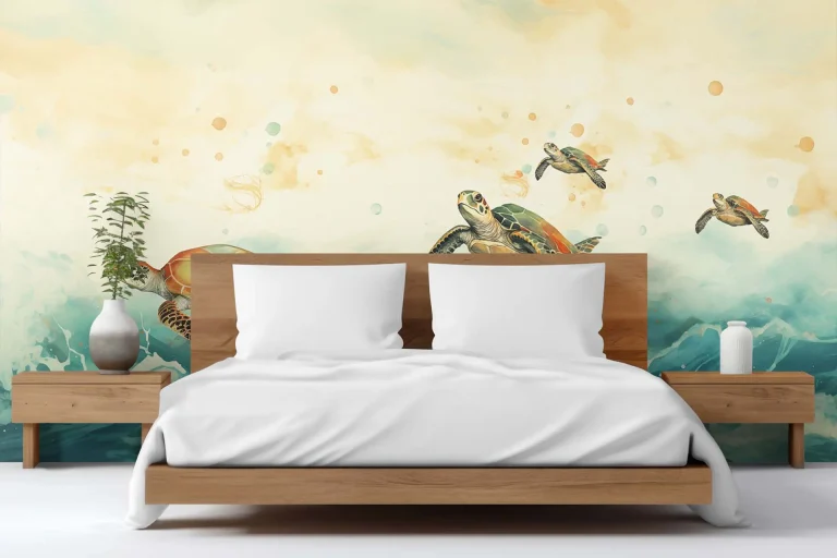 Colorful Sea Turtles Swimming in the Ocean Wallpaper - Ideal for Children's Rooms or Marine-Themed Spaces with a Playful Touch